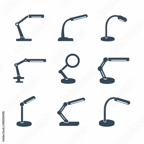 Collection of nine modern desk lamps in various designs and styles