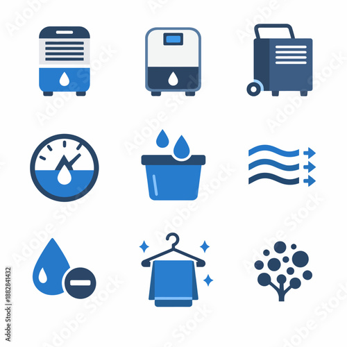 Dehumidifier icons set: moisture removal and air quality control symbols
