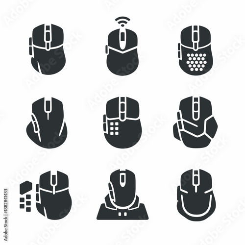 Black silhouette icons of various computer mice featuring wireless and gaming designs