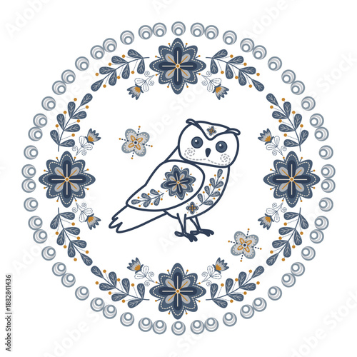 Ornate Floral Owl contour Vector Illustration with Decorative Details