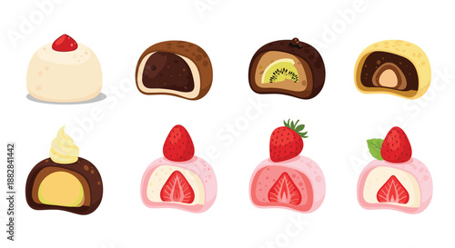 Assorted Japanese mochi desserts with fruit fillings like strawberry and kiwi or chocolate and cream in a flat vector illustration.