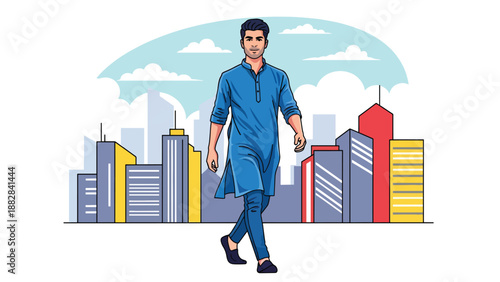 Vector illustration of an Indian man in traditional kurta and jeans walking confidently through a modern city street, expressing everyday urban lifestyle with cultural fashion identity
