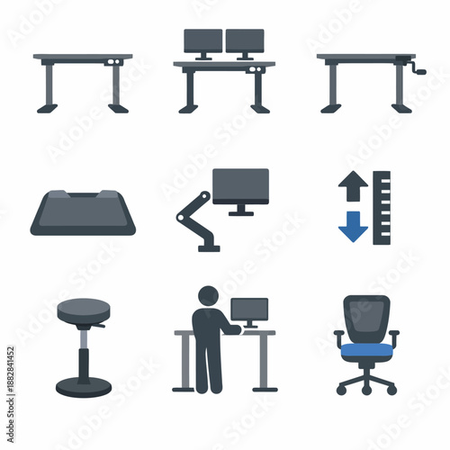 Ergonomic office setup with adjustable desks and monitor stands for optimal comfort