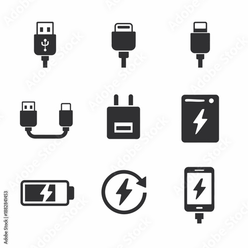 Collection of charging icons featuring usb, lightning, and power symbols