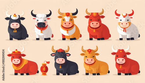 Flat illustration of six assorted Chinese Zodiac Ox (Shio Kerbau) icons 