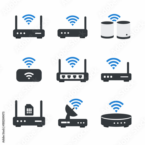 Various types of internet routers and modems with wi-fi symbols