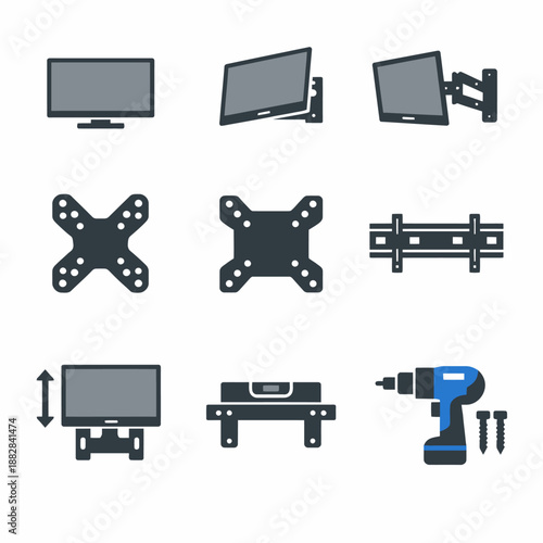 Tv mounting accessories including drill, brackets, and screws