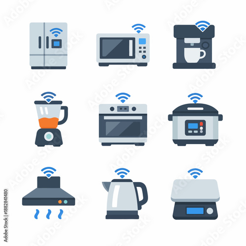 Smart kitchen appliances icons featuring blender, coffee maker, and oven with wifi integration