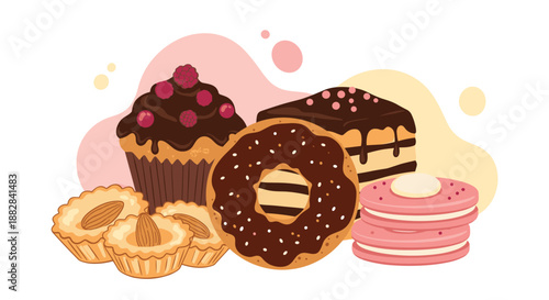 Collection of sweet treats including chocolate donuts, cupcakes, layered cakes, cookies, and fruit tarts on a soft pink background.