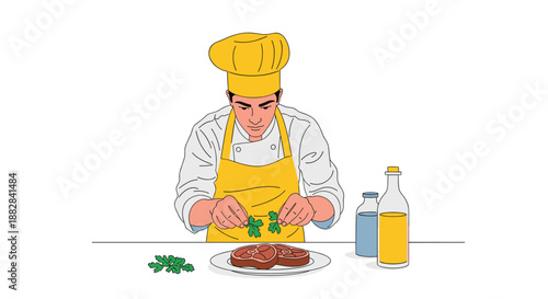Professional chef in a yellow apron and hat garnish grilled meat steaks with fresh herbs in a clean line art illustration.