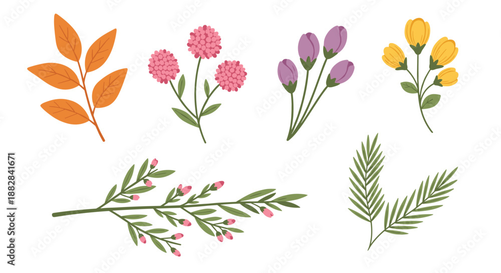 Fototapeta premium Selection of various flowers and leaf branches in different colors and shapes in a delicate hand-drawn illustration style.