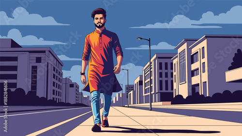 Vector illustration of an Indian man in traditional kurta and jeans walking confidently through a modern city street, expressing everyday urban lifestyle with cultural fashion identity
