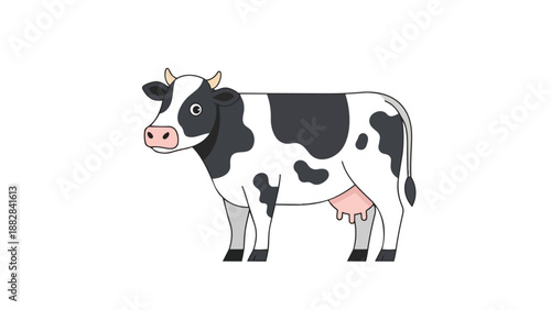 A delightful cartoon illustration of a friendly black and white dairy cow featuring its characteristic spots and gentle demeanor a charming bovine
