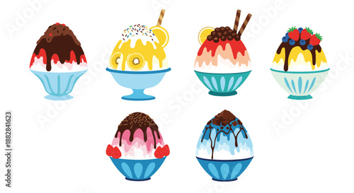 Set of colorful shaved ice desserts topped with chocolate, fruit, sprinkles, and syrup in blue bowls in a flat vector style.