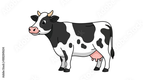 A charming illustrative cartoon portrayal of a cheerful dairy cow featuring distinctive black and white spots, delicate horns, and a healthy pink