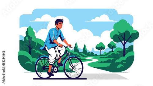 Vector illustration of an Indian man in kurta and dhoti riding a bicycle in a city park, promoting healthy urban lifestyle while wearing traditional Indian clothing