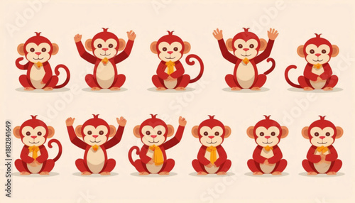 Flat illustration of assorted Chinese Zodiac Monkey icons arranged neatly in two rows on a simple plain background.