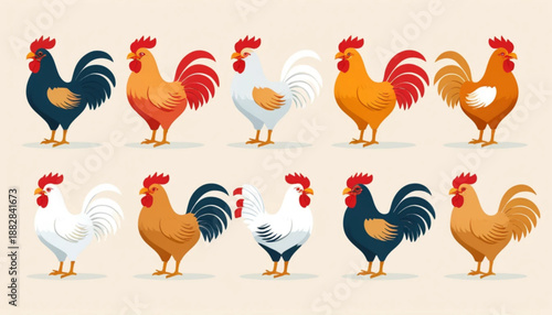 Flat illustration of assorted Chinese Zodiac Rooster icons arranged neatly in two rows on a simple plain background