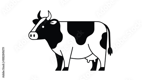 A striking minimalist graphic depiction of a holstein cow, featuring prominent black and white patterns, conveying the essence of a farm animal with