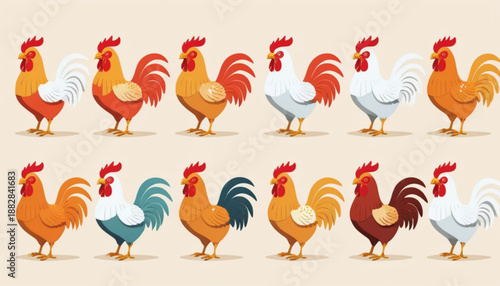 Flat illustration of assorted Chinese Zodiac Rooster icons arranged neatly in two rows on a simple plain background