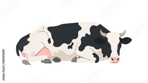 Illustrative vector art of a serene dairy cow, black and white patterned, peacefully resting on a crisp white backdrop, embodying tranquil farm