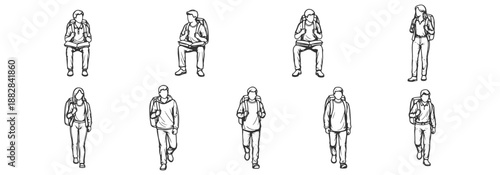 Architectural Vector Entourage for Sections: Front and Side View Students with Backpacks Walking and Standing in Minimal Style