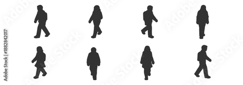 Architectural Vector Figures for Elevations: Walking Students Silhouette in Front and Side View for Campus Drawings