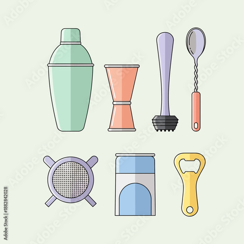 Essential Bar Tools and Drink Preparation Equipment Illustrated in a Flat Vector Style Design