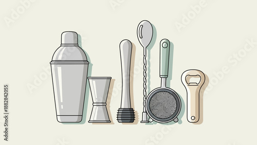 Essential Bar Tools and Drink Preparation Equipment Illustrated in a Minimalist Style