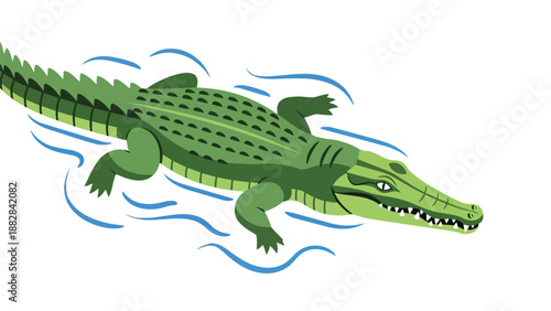 Vivid green alligator illustration dynamically swimming through calm waters showcasing its powerful form