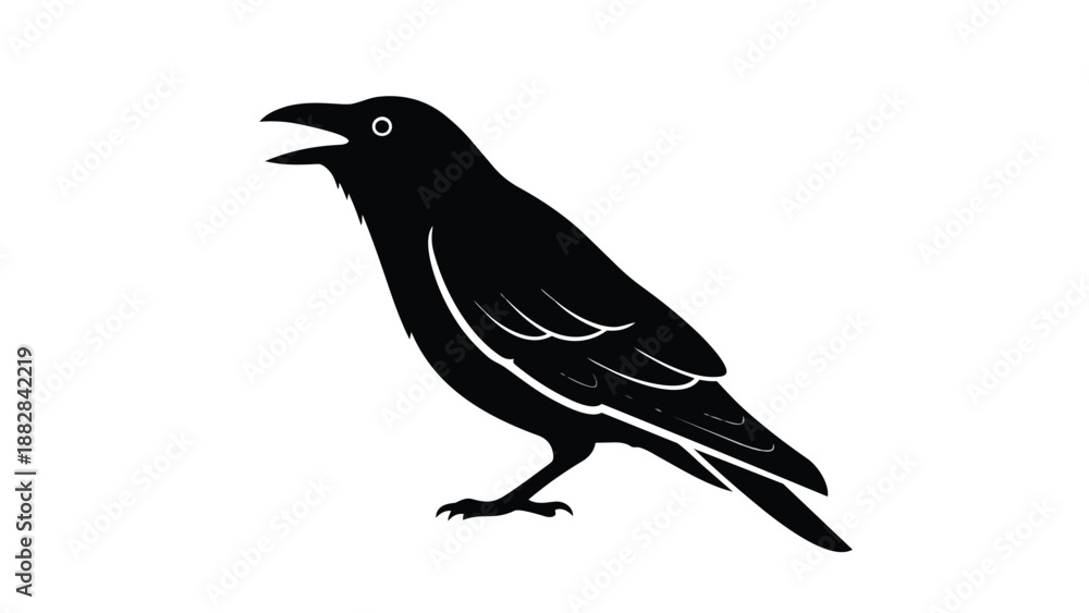 Obraz premium Bold graphic depiction of a cawing black bird, capturing its essence in a stark silhouette with a solitary eye against a pure white canvas perfect