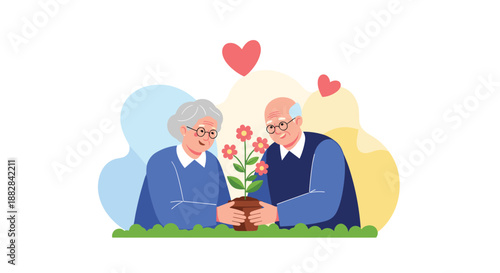 Happy elderly couple smiling and holding a potted flower together surrounded by soft colorful shapes and hearts in a garden.