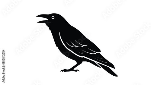 Bold graphic depiction of a cawing black bird, capturing its essence in a stark silhouette with a solitary eye against a pure white canvas perfect