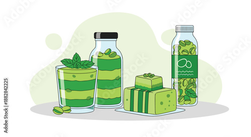 Collection of matcha green tea items like smoothie, powdered jars, and soap bars in a clean line art illustration style.