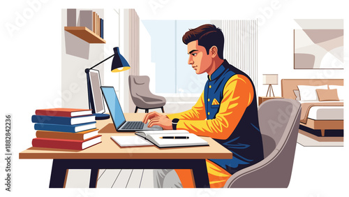 Vector illustration of an Indian man wearing traditional attire studying online with a laptop and books, representing modern education and lifelong learning with cultural identity