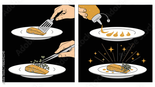 Elegant Plating and Gourmet Presentation of Cooked Salmon with Artistic Flair