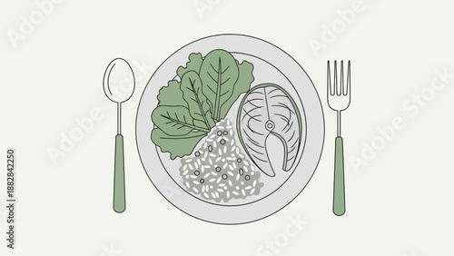 Elegant Plate With Salmon Steak And Vegetables, Healthy Food Composition Line Art