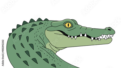 An engaging cartoon alligator illustration showcasing its distinctive green scales, sharp dental features, and intense yellow eye, presented in a