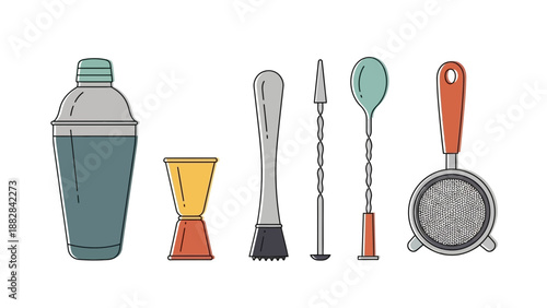 Essential Bar Tools and Drink Preparation Equipment Vector Illustration on White Background