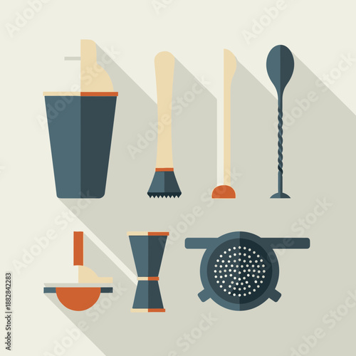 Essential Bar Tools and Drink Preparation Equipment: Vector Illustration with Long Shadows