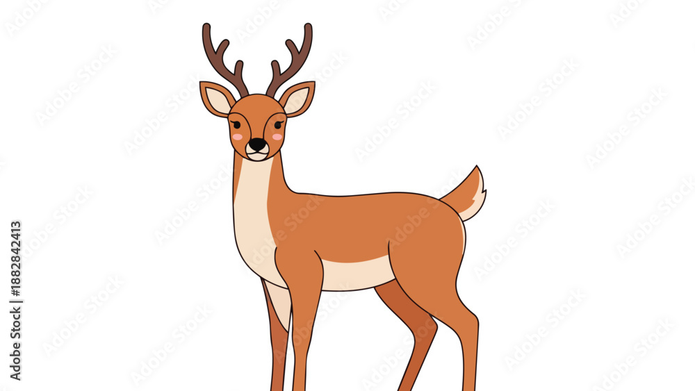 Fototapeta premium A delightful animated deer illustration showcasing a graceful stag with charming antlers, standing elegantly against a clean white background,