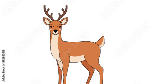 A delightful animated deer illustration showcasing a graceful stag with charming antlers, standing elegantly against a clean white background,