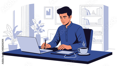 Vector illustration of an Indian man in traditional kurta working as a freelance professional, symbolizing flexible modern careers combined with cultural clothing style