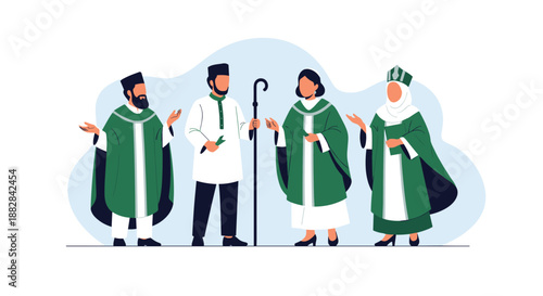Diverse group of religious leaders standing together representing various faiths and wearing traditional ceremonial garments.