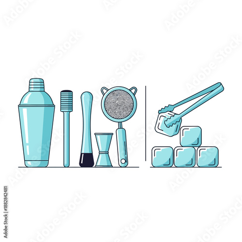 Essential Bar Tools and Ice Cubes in Vector Style Ready For Cocktail Preparation