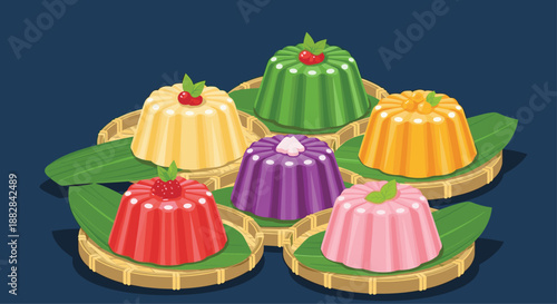 Six vibrant puddings or jelly desserts in different colors served on small bamboo plates with green banana leaves.