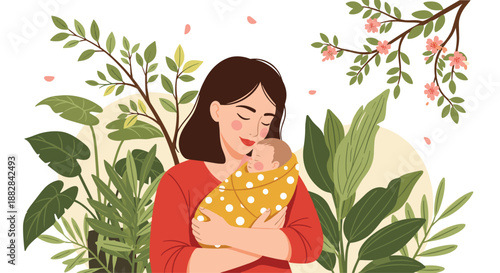 Loving mother cradling her sleeping newborn baby in a yellow blanket surrounded by lush green houseplant foliage.