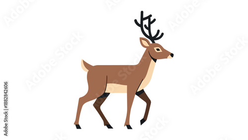 Stylized minimalist illustration of a graceful brown deer with prominent antlers walking on white background
