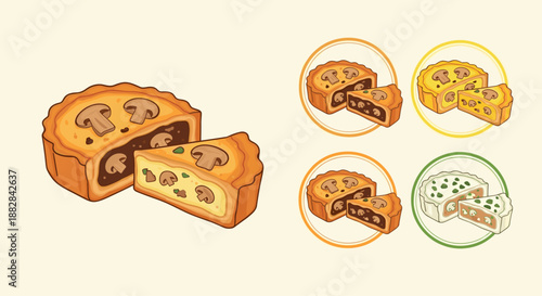 Savory mushroom quiche or pie shown both whole and sliced with various color scheme variations presented in circular frames.