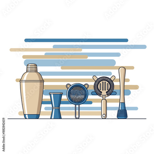 Essential Bar Tools Arranged Neatly Against a Backdrop of Horizontal Striped Elements